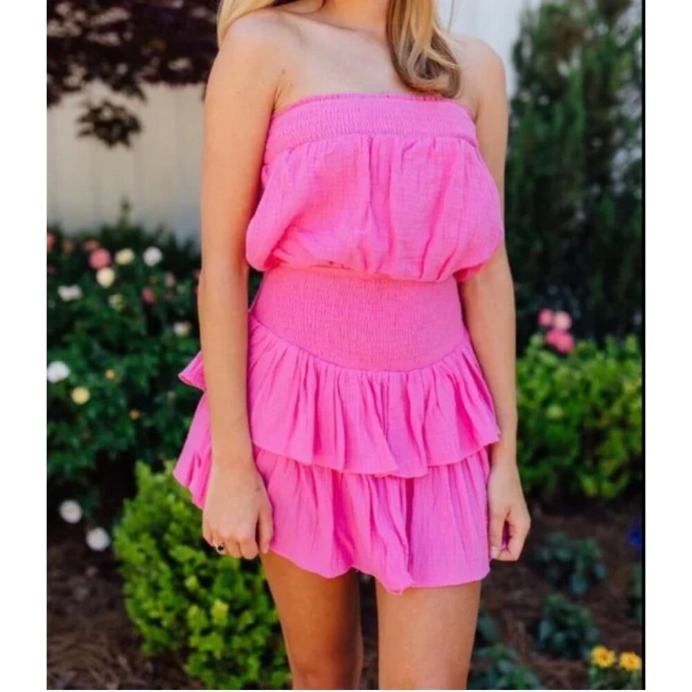 Shop Neighbor Strapless Pink Dress with built-in shorts, Medium, 100% cotton